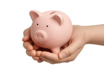 Pink piggy bank in hands, isolated on transparent background, savings.