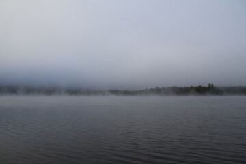 A dense fog sitting over Canada Lake from a forested area. 