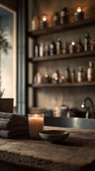 A serene and inviting scene featuring a warm candle on a rustic wooden table, surrounded by soft textiles and elegantly organized shelves filled with bottles and jars.