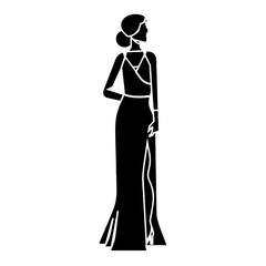 Vector illustration of black silhouette of business people (man in suit, woman in dress) standing