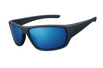 Dark grey sunglasses with blue lenses, isolated subject, no background
