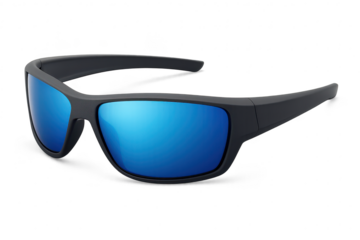Sporty black sunglasses with blue mirrored lenses isolated on transparent background