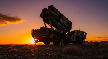 Camouflaged missile launcher silhouetted against a brilliant sunset landscape