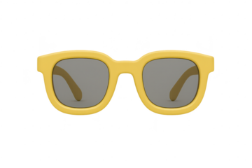 Modern yellow sunglasses with grey lenses isolated on transparent background.