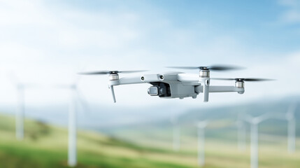 Drone flying in front of wind turbines on a green landscape