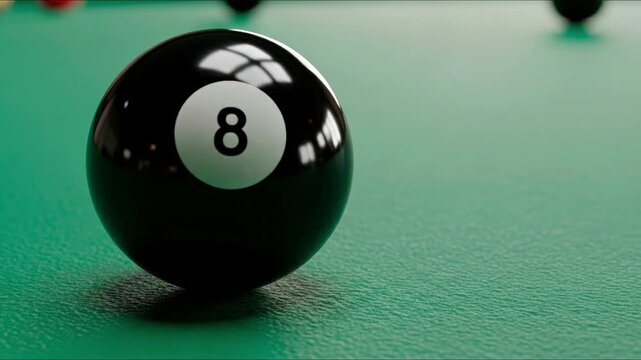8ball on a green pool table with other balls visible in the background
