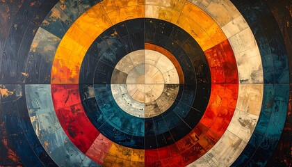 Circular abstract design with concentric rings of vibrant colors