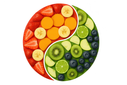 Colorful fresh fruit arranged as a Yin-Yang symbol, isolated on transparent background