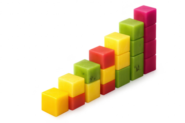 Colorful ascending stacked cubes graph, isolated on transparent background.