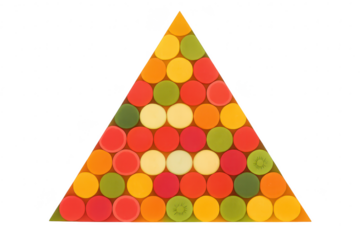 Colorful candy discs in a triangle shape, isolated on transparent background.