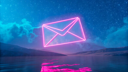 Neon email envelope icon on night sky lake background