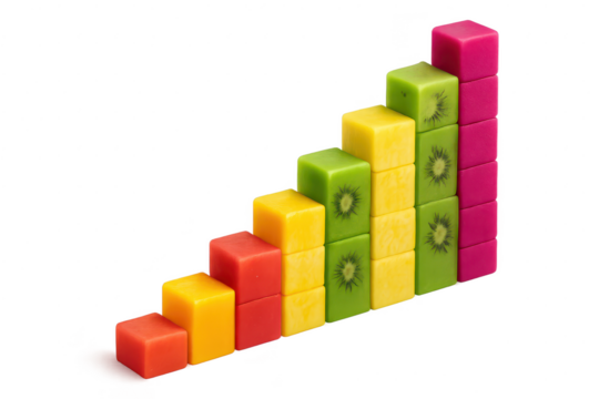 Colorful fruit jelly cubes forming an ascending bar graph, isolated on transparent background