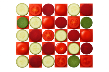 Geometric pattern of fresh vegetables and discs isolated on transparent