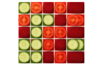 Fresh cucumber, tomato, beetroot slices in grid pattern on transparent background