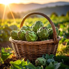 Fresh artichokes in a basket at sunset
