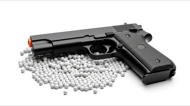 A black airsoft pistol rests on a pile of white BB pellets