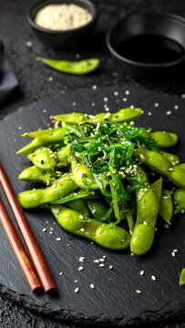 Roasted edamame with seaweed salad on a slate plate
