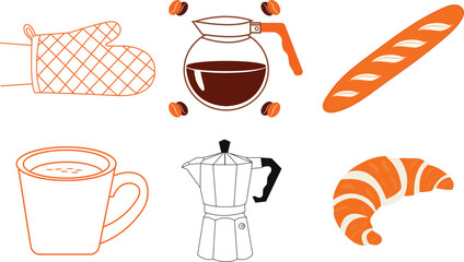Brunch Vector Icons Set &ndash; Coffee, Croissant, Baguette, and Kitchen Elements
