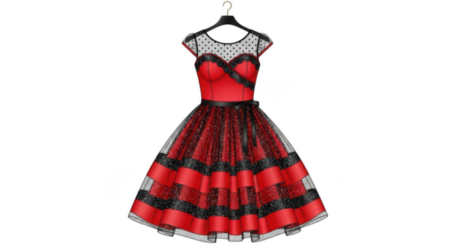 Elegant red and black vintage inspired party dress with tulle skirt, isolated on transparent background