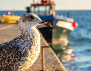 Close-up of a seagull on a pier, a fishing boat in the background at sunset