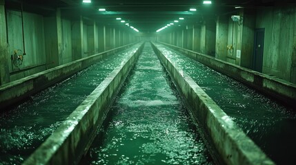 Concrete tunnel with long trough carrying rippling water