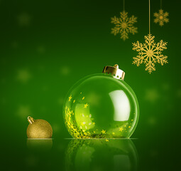 Festive Christmas baubles and stars on green studio background, holiday mood
