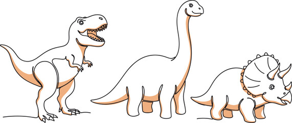 Dinosaur illustration set single continuous line art. Tyrannosaurus Rex, Triceratops, Brontosaurus, Stegosaurus, Pterodactyl Minimalist animal outline drawing for coloring books, logos, kids designs