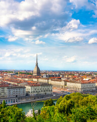 Turin aerial view from Monte dei Cappuccini with Mole Antonelliana, Italy