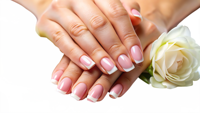 Woman's Hands with French Manicure and White Rose Against Glitched Background woman hands isolated on a transparent background - Powered by Adobe