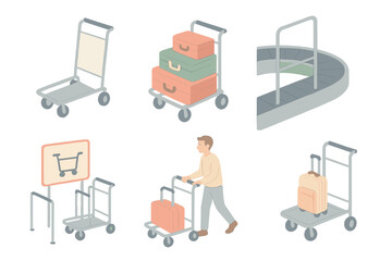 Airport Trolley Icons. Isometric vector illustration set Airport Trolleys and Carts: empty baggage cart, stacked suitcases on