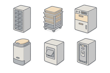 Isometric Airplane Galley Icons. Isometric vector illustration set Airplane Galley Area: storage compartments, meal tray stacks,