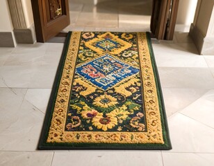 Rectangular doormat, intricate design, on tiled floor