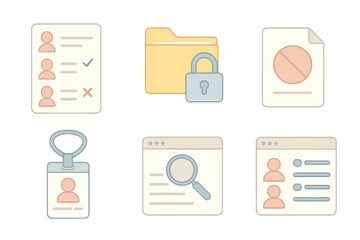 Data Access Control Icons. Isometric vector illustration set Data access control: user permission list, lock icon over folder,