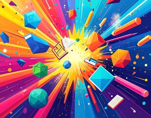 Colorful explosion of geometric shapes and school supplies