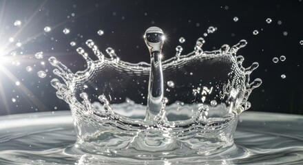 Droplet collision, crown of water rising, ripples spreading, backlit