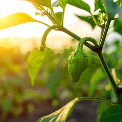 Close-up of a green chili pepper on a plant at sunset