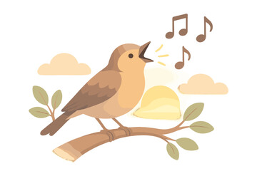 Songbird Melody at Sunrise. Isometric vector illustration set songbird melody chirp dawn: open-beak bird singing, floating sound