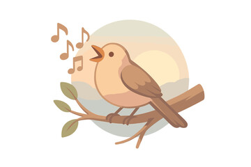 Songbird Melody at Sunrise. Isometric vector illustration set songbird melody chirp dawn: open-beak bird singing, floating sound