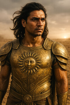 Golden-armored warrior with sun emblem stands at dawn&mdash;epic Karna myth portrait, strength and honor. generative AI