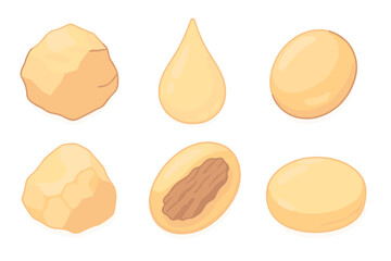 Natural Amber Varieties. Isometric vector illustration set Natural amber forms: raw amber nugget, translucent resin drop, polished