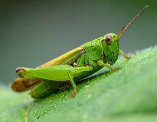Close-up of a green grasshopper on a leaf