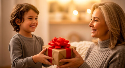 A smiling child with a warm smile gives a gift box with a red bow to a beautiful and smiling mature mother.