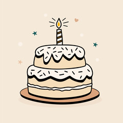 Cute hand-drawn vector illustration of a birthday cake with a lit candle and sprinkles on a pastel background. Ideal for greeting cards, invitations, posters, banners, and digital graphics.