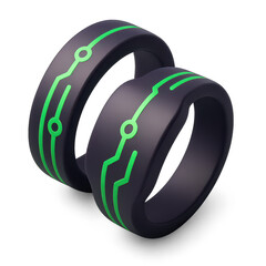Two black rings with a green circuit-like design, likely for decoration or fashion.
