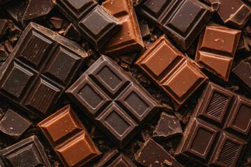 Assorted dark and milk chocolate bars with crumbs and texture, rich gourmet background for dessert and confectionery. generative AI