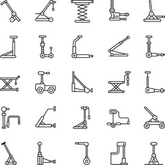 Automotive lifting jack icons, mechanical lift tool vector, hydraulic car jack illustration, line art garage equipment, vehicle repair symbol