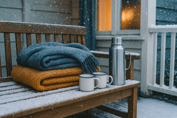 Snowy porch bench with folded blankets, thermos and enamel mugs—outdoor warmth and simple living. generative AI