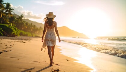 Woman walking beach sunset
