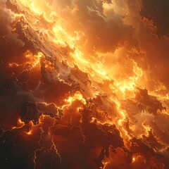Fiery celestial storm clouds.  Vast, fiery clouds with streaks of lightning