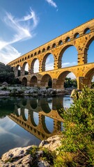 Fototapeta premium Ancient stone aqueduct bridge reflecting in calm water